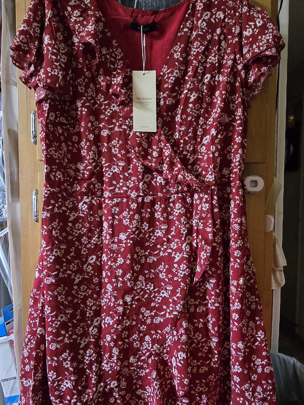 Red Floral Wrap Dress with Ruffle Detail